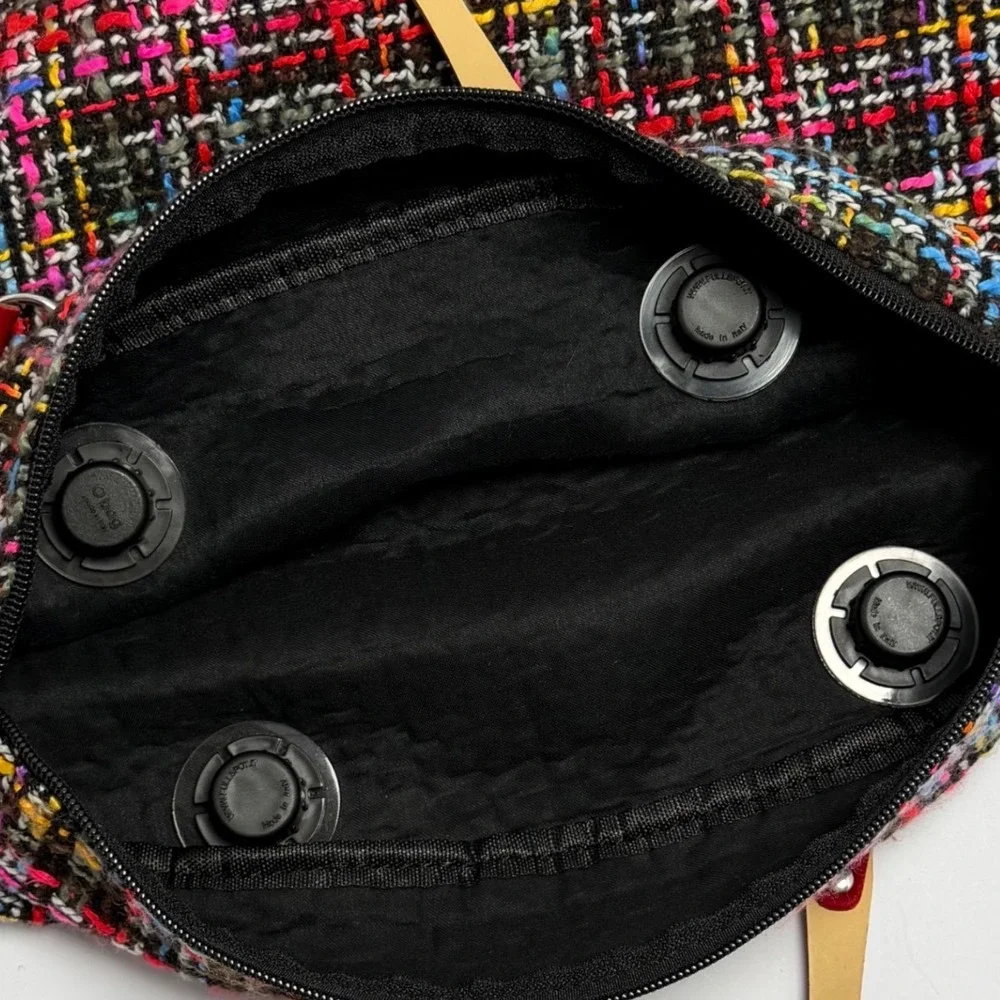 O Bag Tweed Fabric Tote‎ Bag Red Velvet Handles Medium Ready to Use Boho EUC